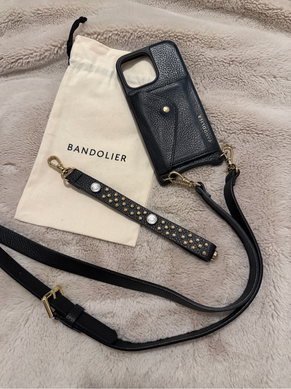 Bandolier 14 Pro max Black Leather Phone Crossbody with Gold Stud Accents